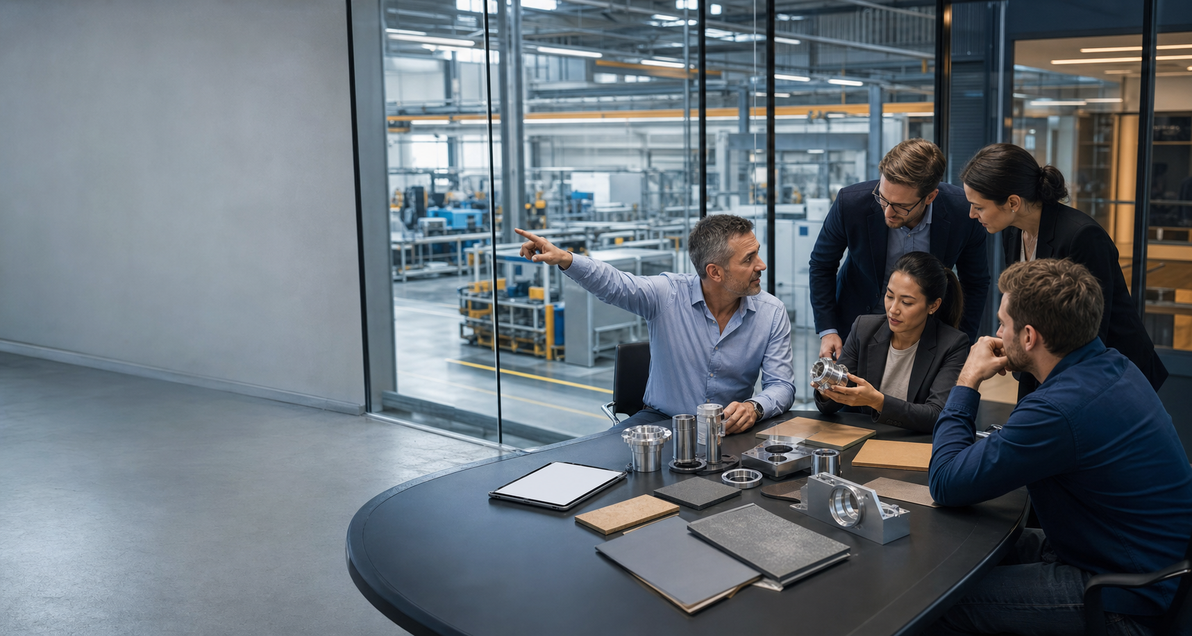 Manufacturing leaders, engineers, and agency strategists evaluate an unbranded metal component in a meeting room overlooking a production floor.