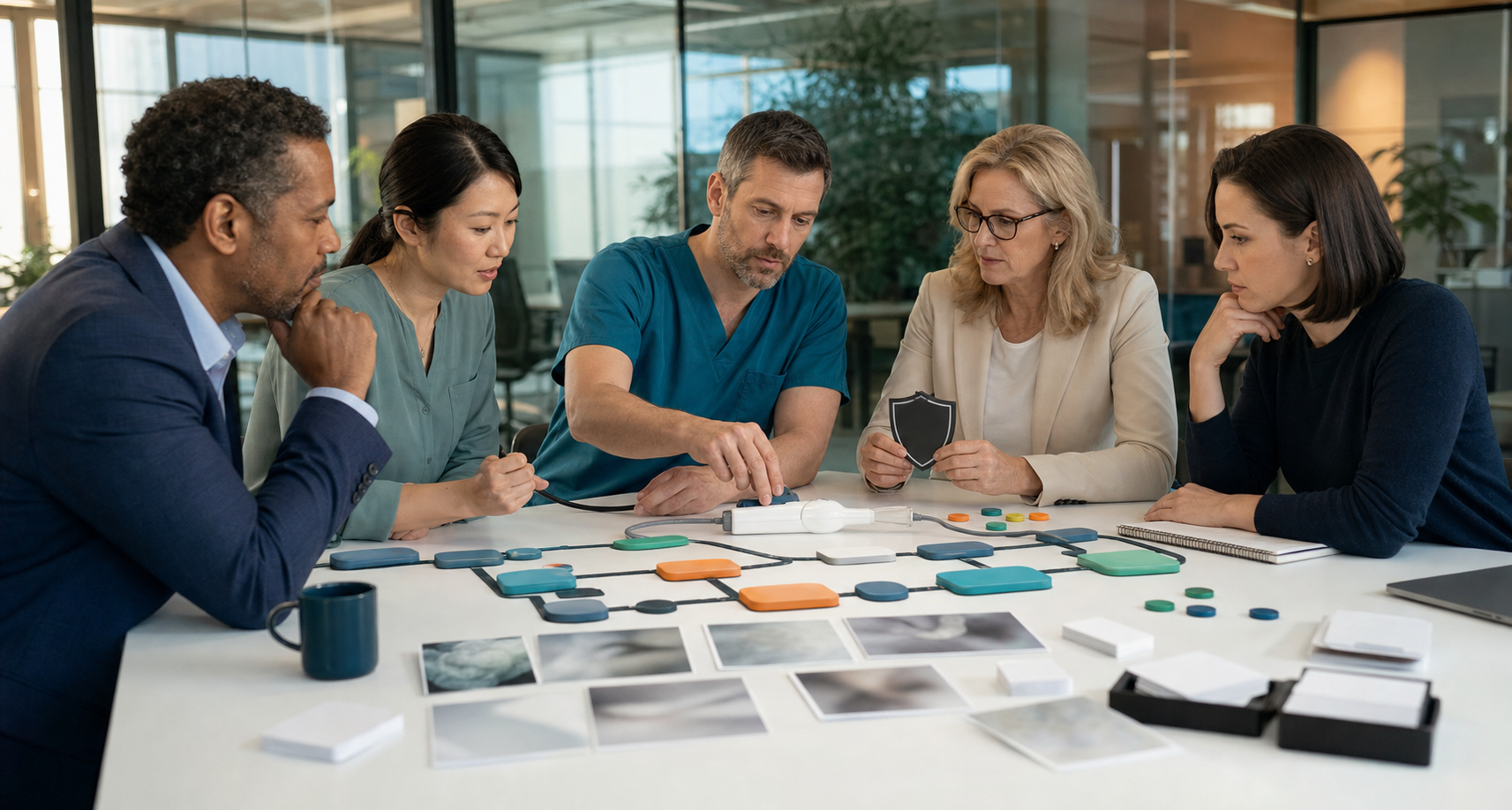 Healthcare and agency professionals collaborate around a table with a medical device, blank evidence cards, approval tokens, and workflow blocks.