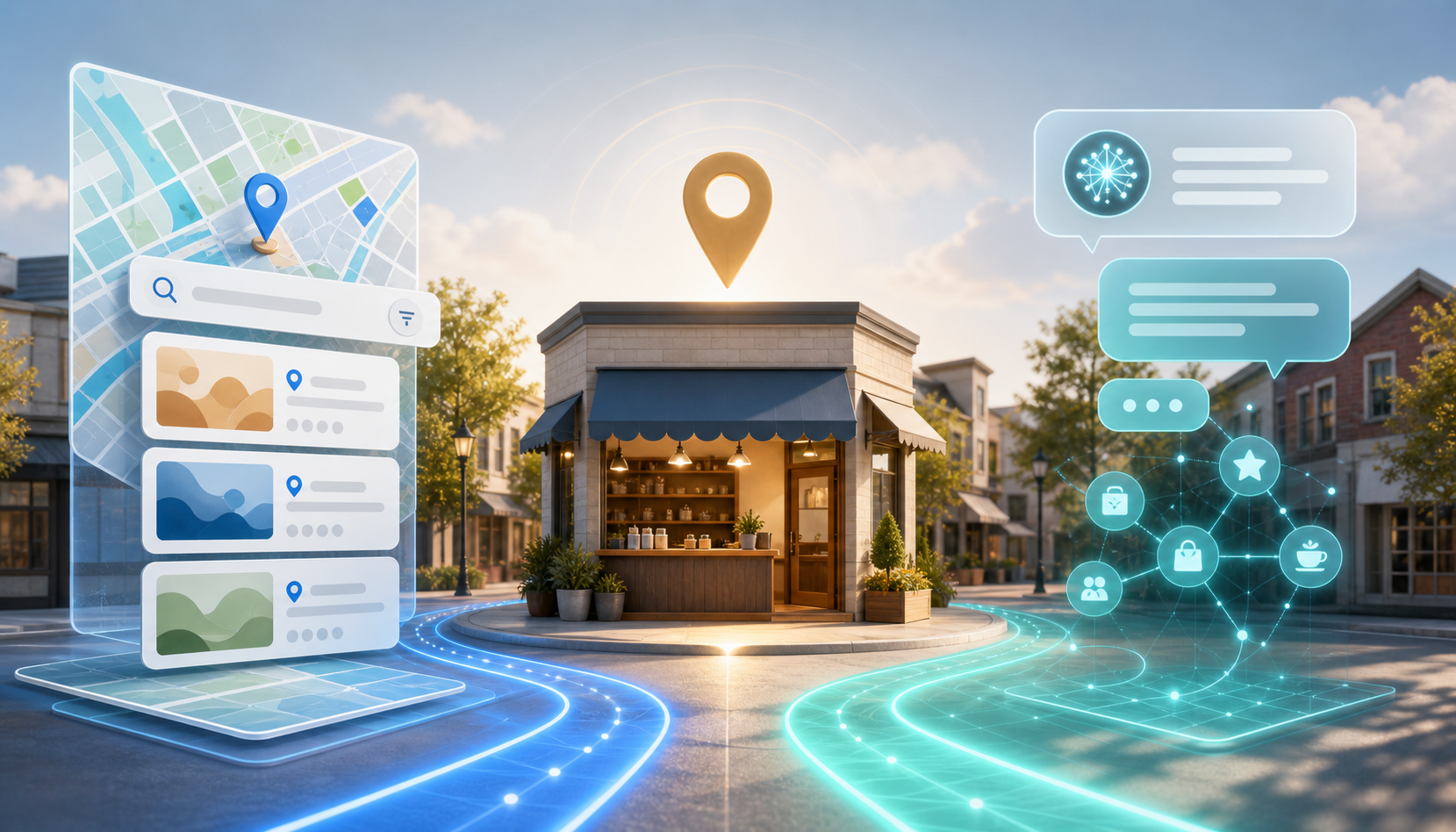 A neighborhood storefront is connected to a map-based search path on one side and an AI conversation path on the other.