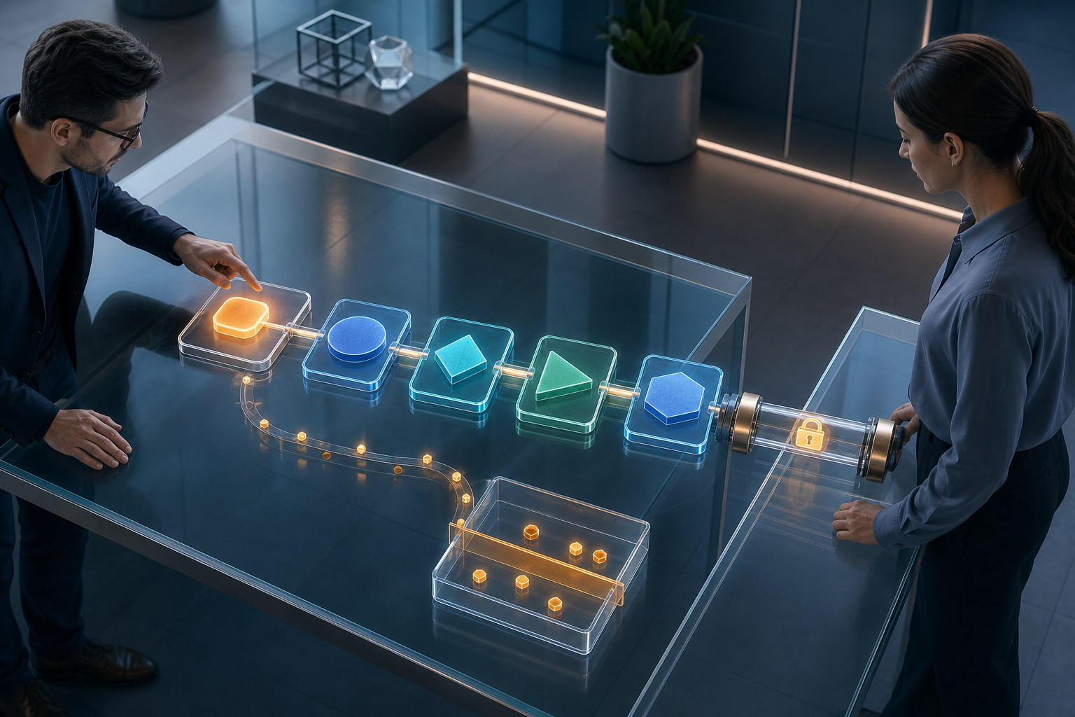 Two analysts examine an abstract advertising journey that passes through a series of measurement checkpoints from impression to conversion.