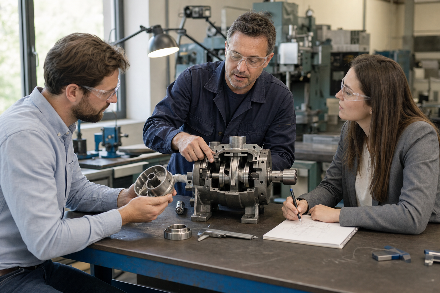 A plant engineer explains an opened industrial pump assembly to two marketing specialists during a hands-on workshop.