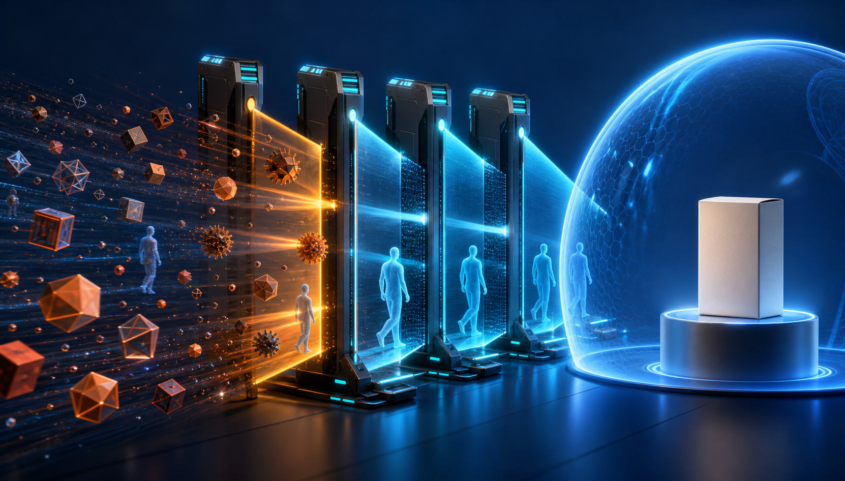 An automated traffic stream passes through security filters that separate relevant visitors from suspicious bot-like figures before a landing page.