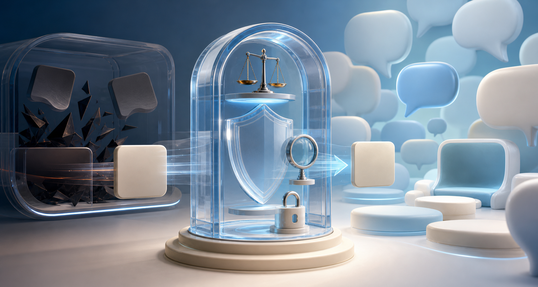 A transparent safety gateway filters a sponsored content tile before it enters a field of conversational speech bubbles.