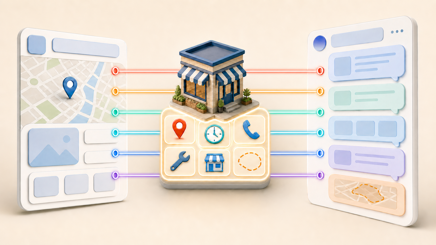 A central business building and fact symbols connect consistently to a map interface and a conversational assistant interface.