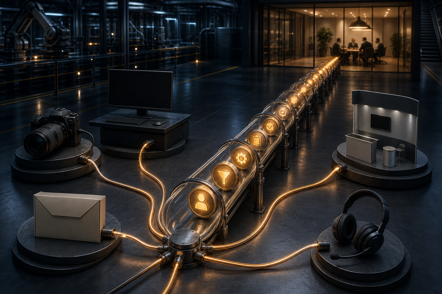 Unbranded communication tools connect through illuminated cables to a transparent pipeline leading toward a sales meeting area.