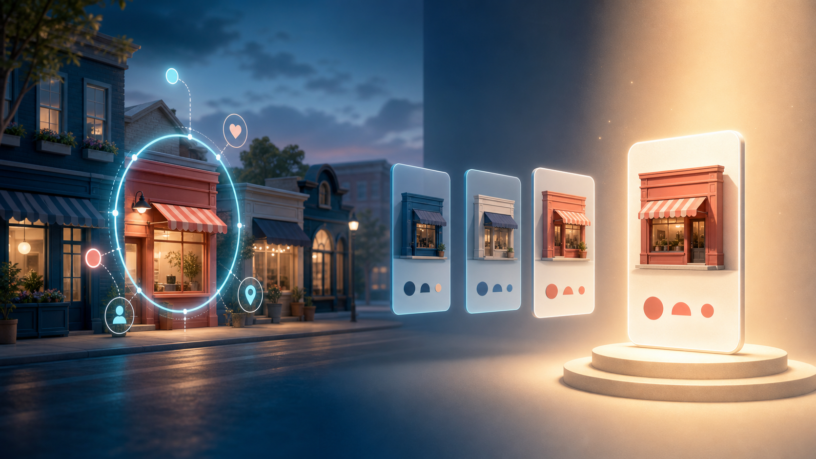 A visual sequence moves from identifying one relevant storefront on a street to narrowing several business cards and highlighting a final choice.