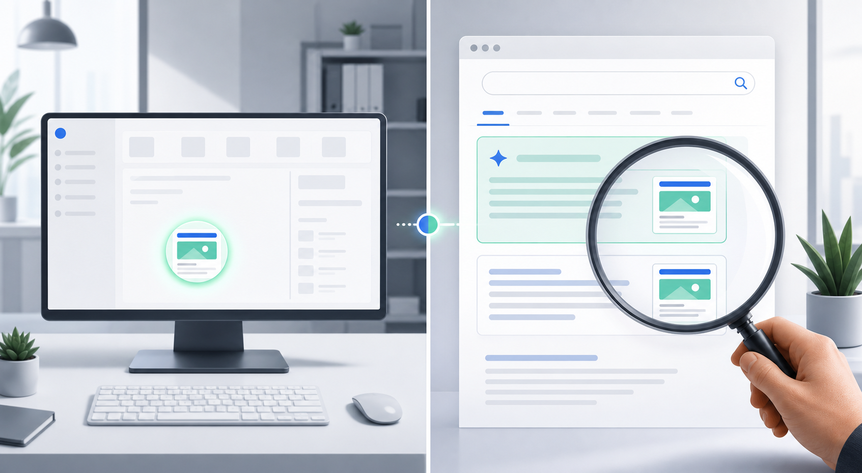 A divided workspace shows one recorded impression on an analytics screen and two observed placements on a search results page.