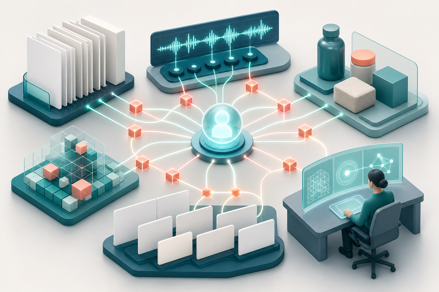 An isometric content workflow connects a central subject to claims, source documents, expert input, data, product details, and published pages.