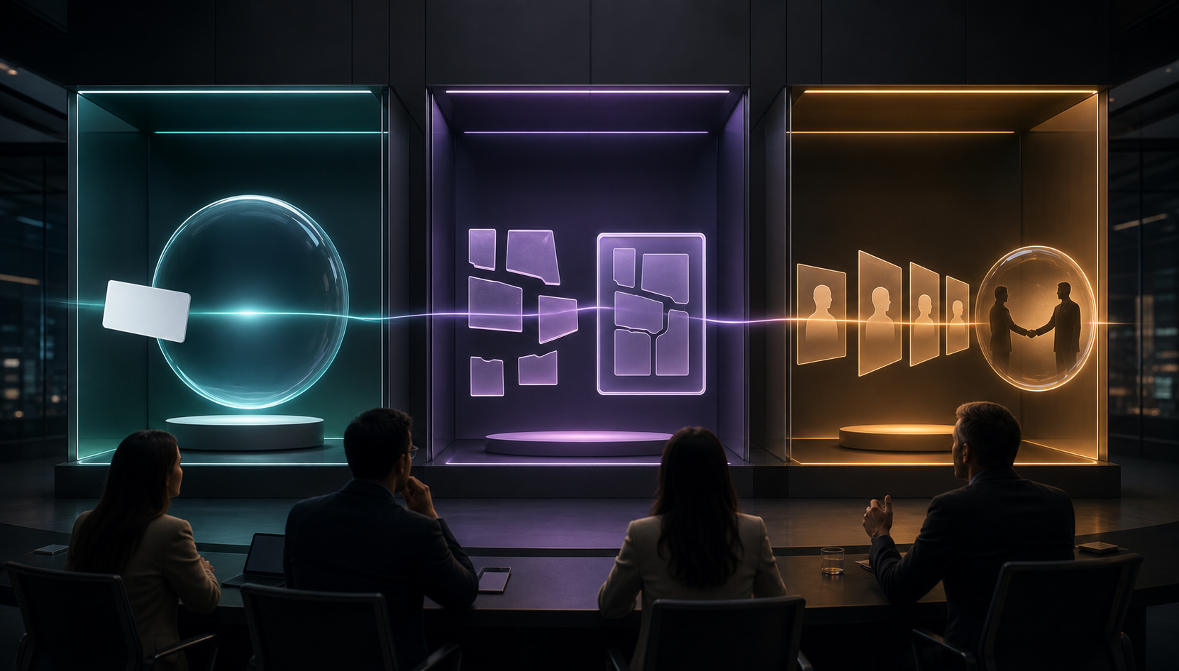 Analysts observe three connected views representing AI source selection, factual verification, and a customer's movement toward a commercial decision.