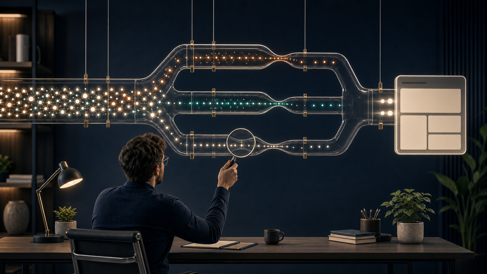 An analyst examines three narrowing paths of glowing search signals leading toward an unbranded webpage-shaped destination.