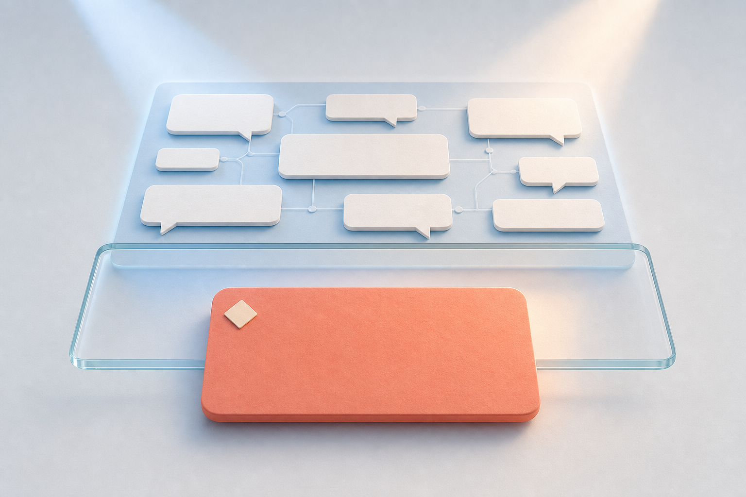 An abstract conversational interface shows a promotional tile separated by a glass gap from a background layer of connected answer bubbles.