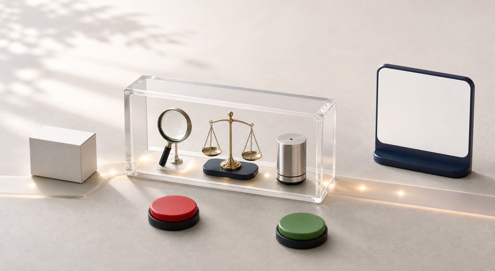An unbranded product moves through checkpoints represented by a magnifying lens, a balanced scale, and an independent sensor before reaching an abstract conversational screen.