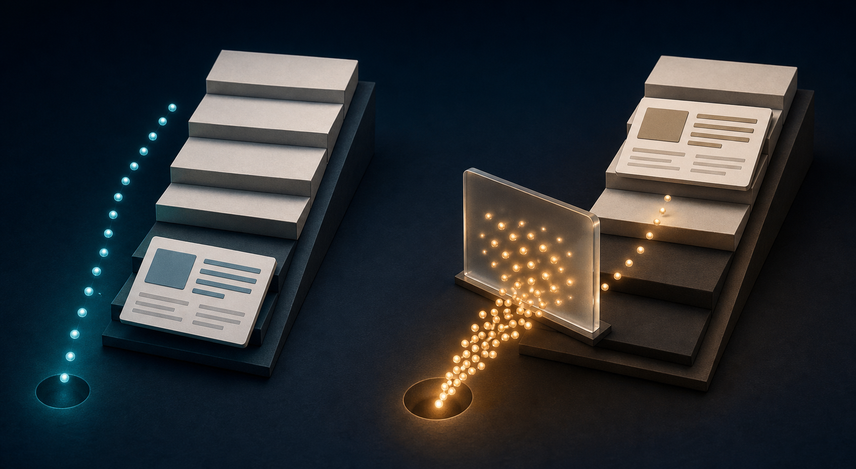 Two parallel search journeys show one webpage tile dropping down a stack while another remains prominent but receives fewer glowing particles.