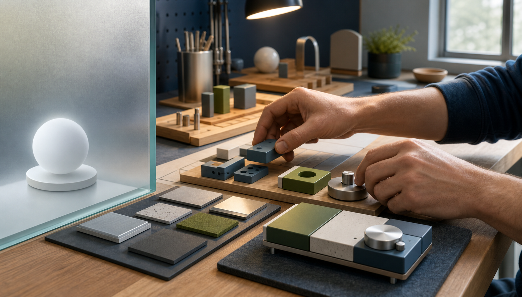 A person's hands use comparison pieces, controls, and modular tools at a workbench to turn a simple information card into a completed solution.