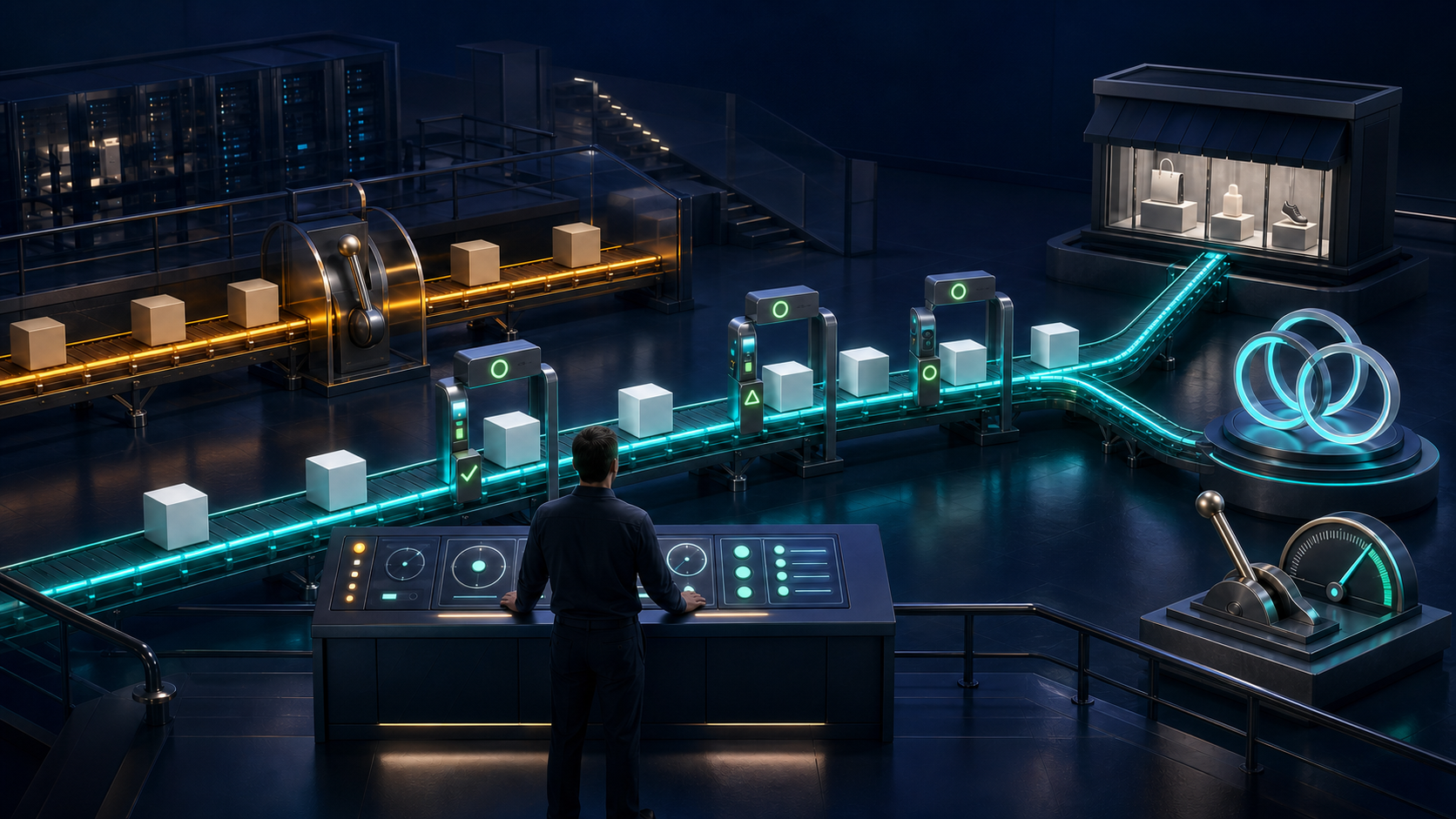 An operator oversees parallel product-data pipelines as checkpoints verify deliveries to a storefront, campaign engine, and bidding controls.