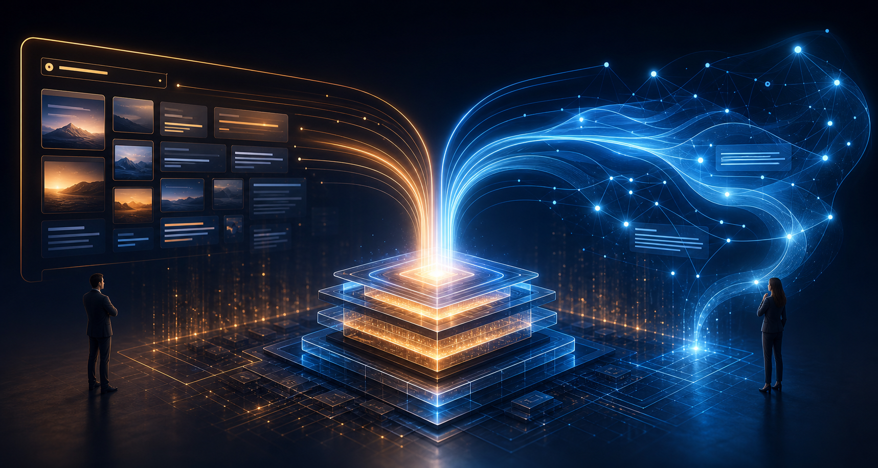 A layered digital foundation sends information into an abstract search interface and a conversational AI interface while people examine the results.