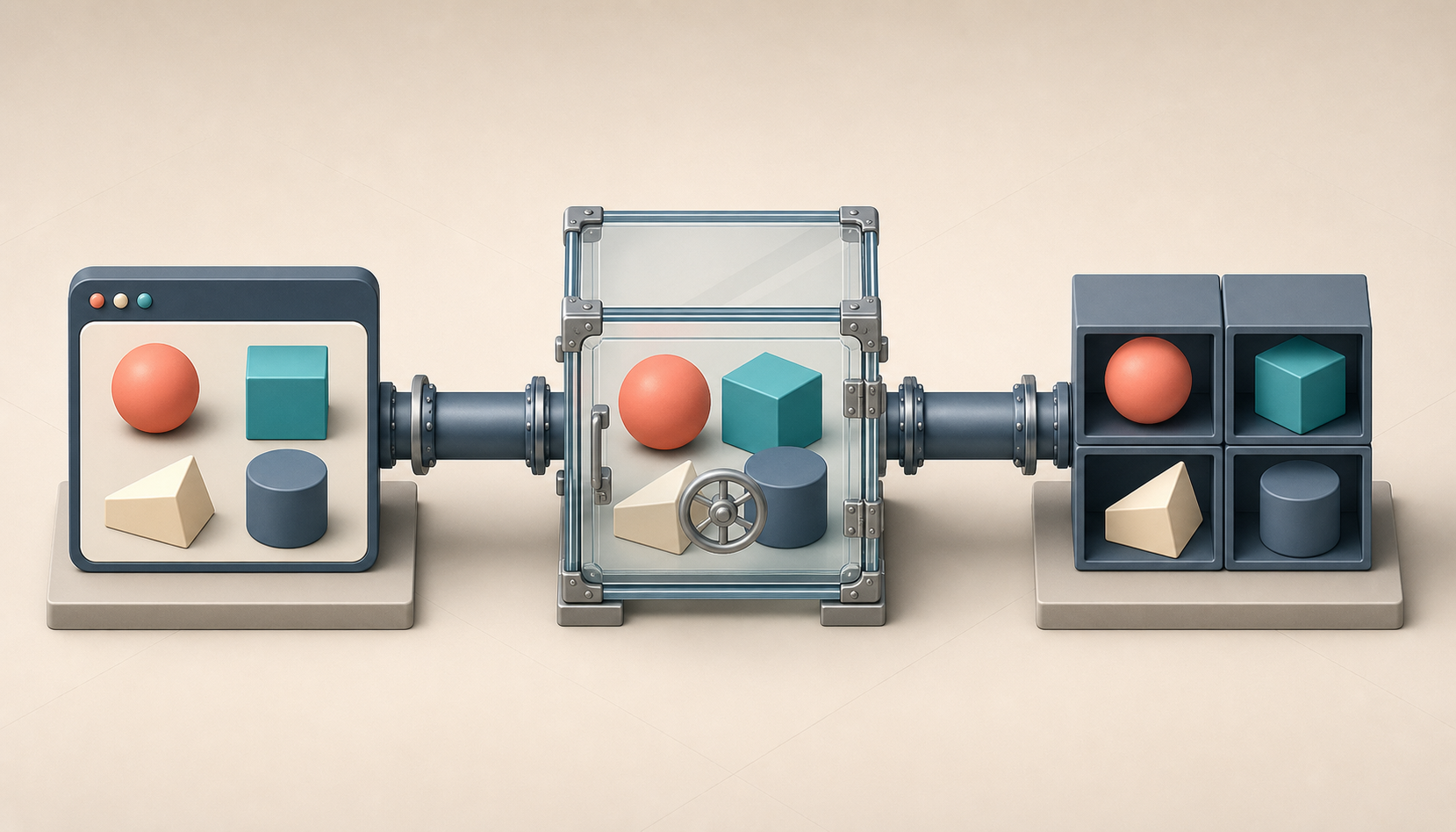 A transparent central vault sends the same colored geometric facts to a visual page and a machine-readable array.