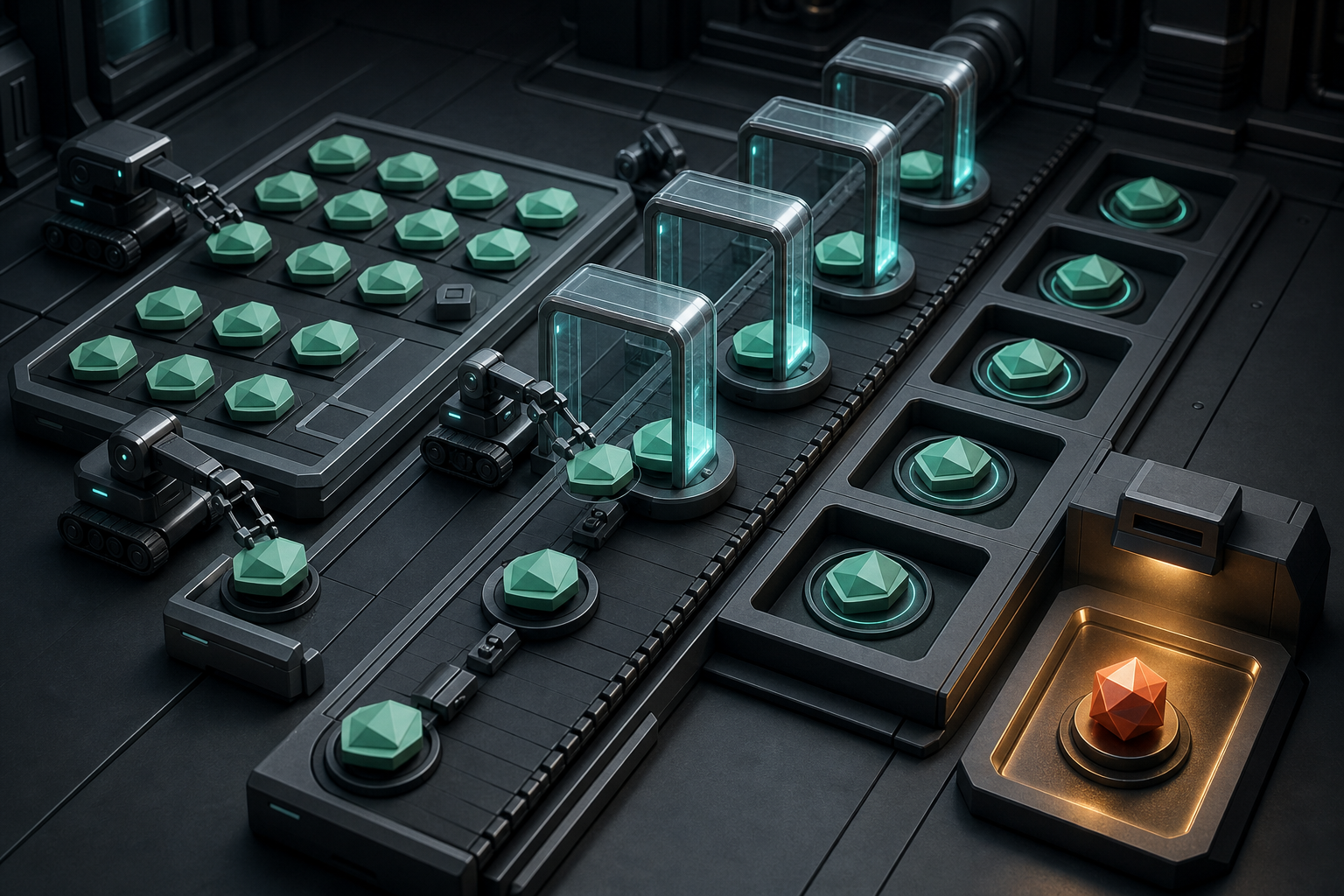 Abstract crawler devices pass geometric fact tokens through validation gates, with one mismatch separated for review.