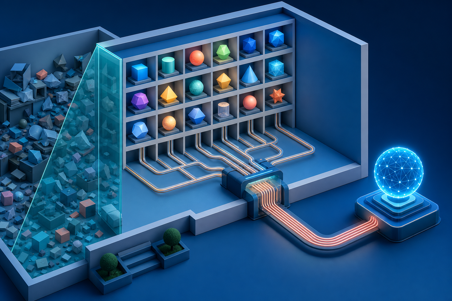 Illuminated objects representing facts sit in organized compartments connected by clear paths to a retrieval mechanism and an AI node.
