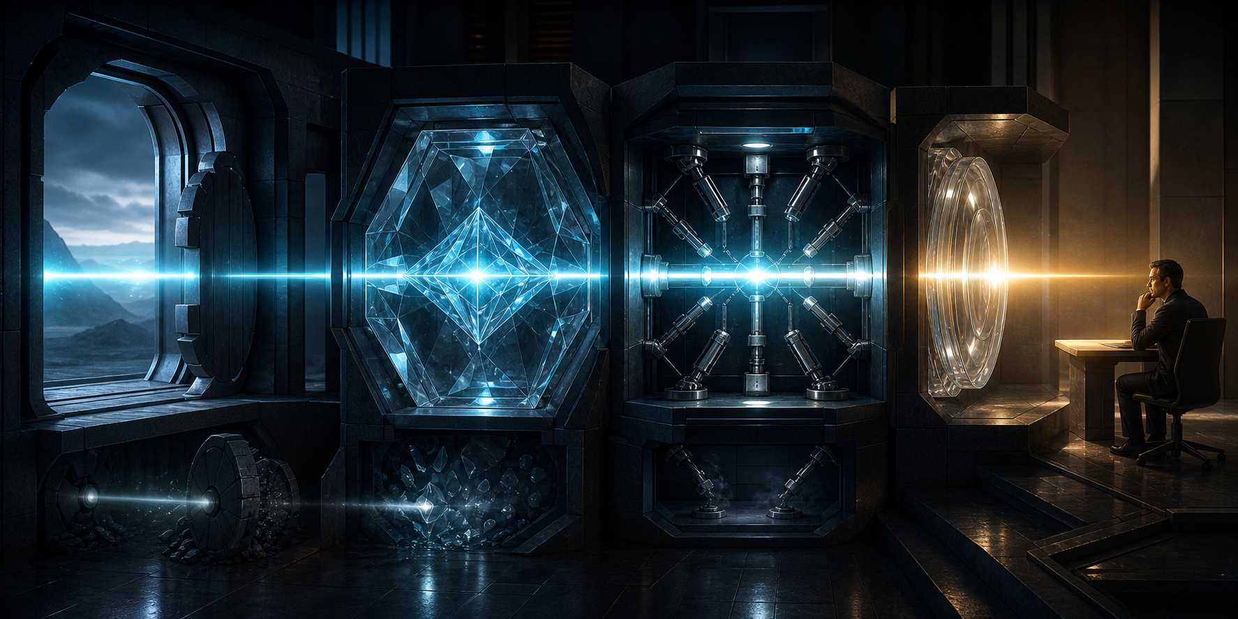 A beam passes through an open gateway, an organizing chamber, supporting anchors, and a clear lens before reaching a person.