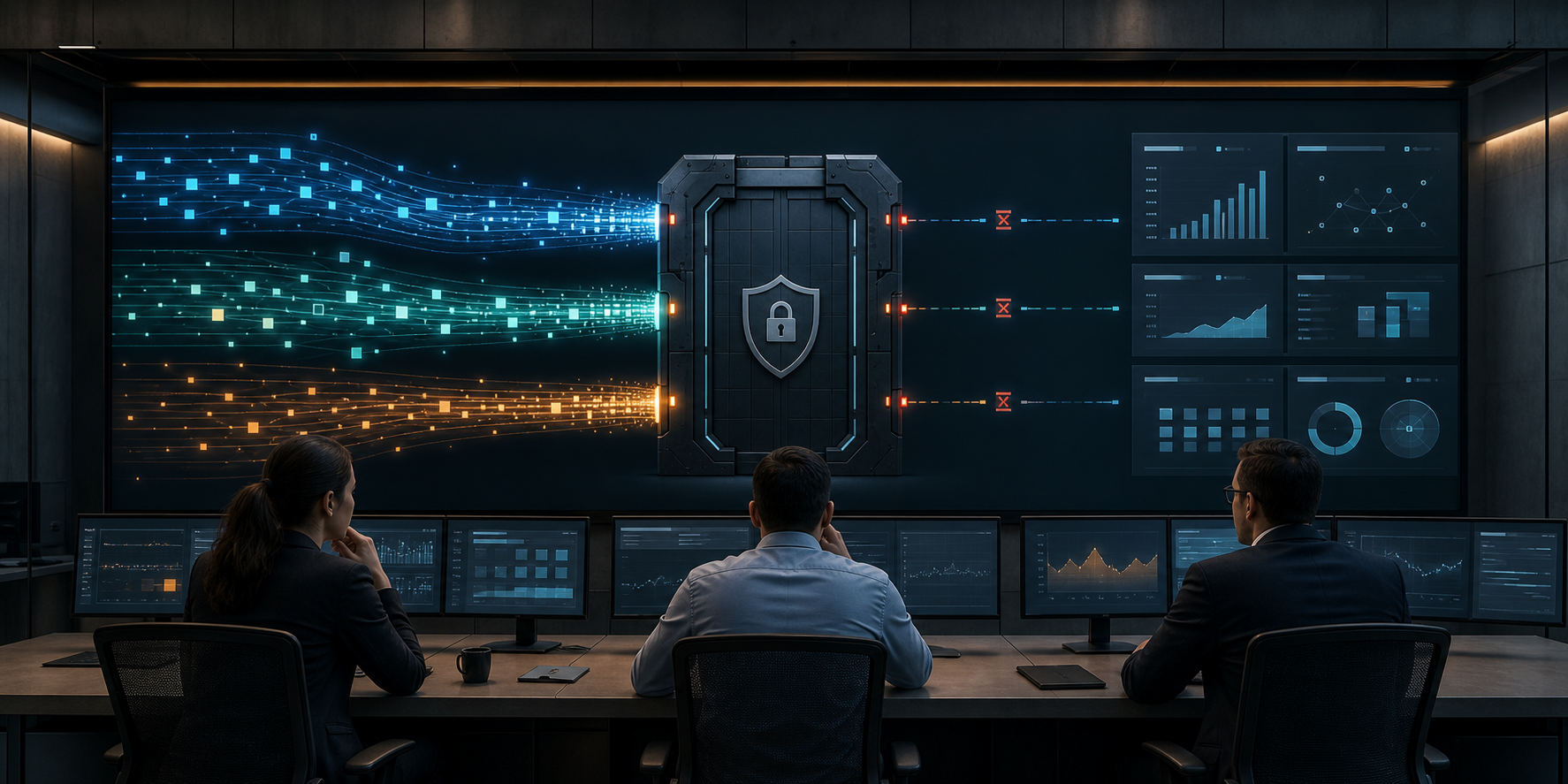 SEO analysts monitor a data pipeline that is being stopped at a digital security checkpoint before reaching reporting screens.