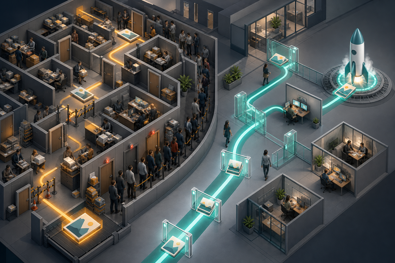 An isometric workplace shows a campaign stalled at many desks on one side and moving through a shorter path with transparent safety gates on the other.