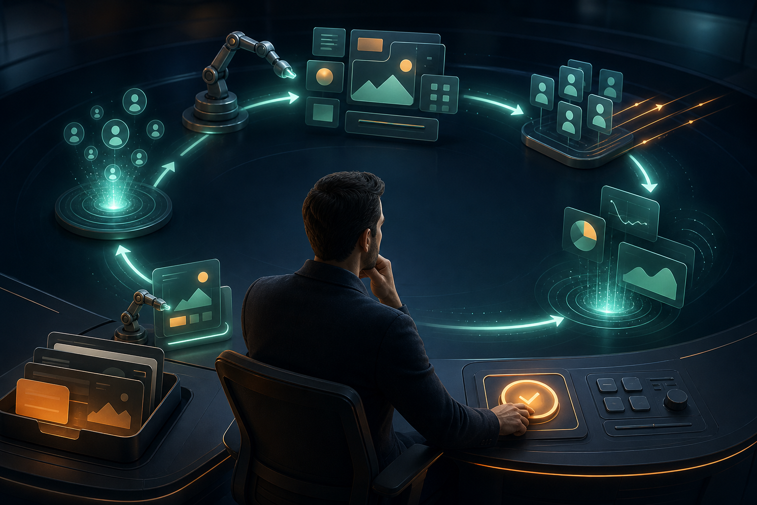 A marketer oversees a circular campaign workflow in which automated tools connect customer signals, creative assembly, activation, and feedback while exceptions remain under human control.