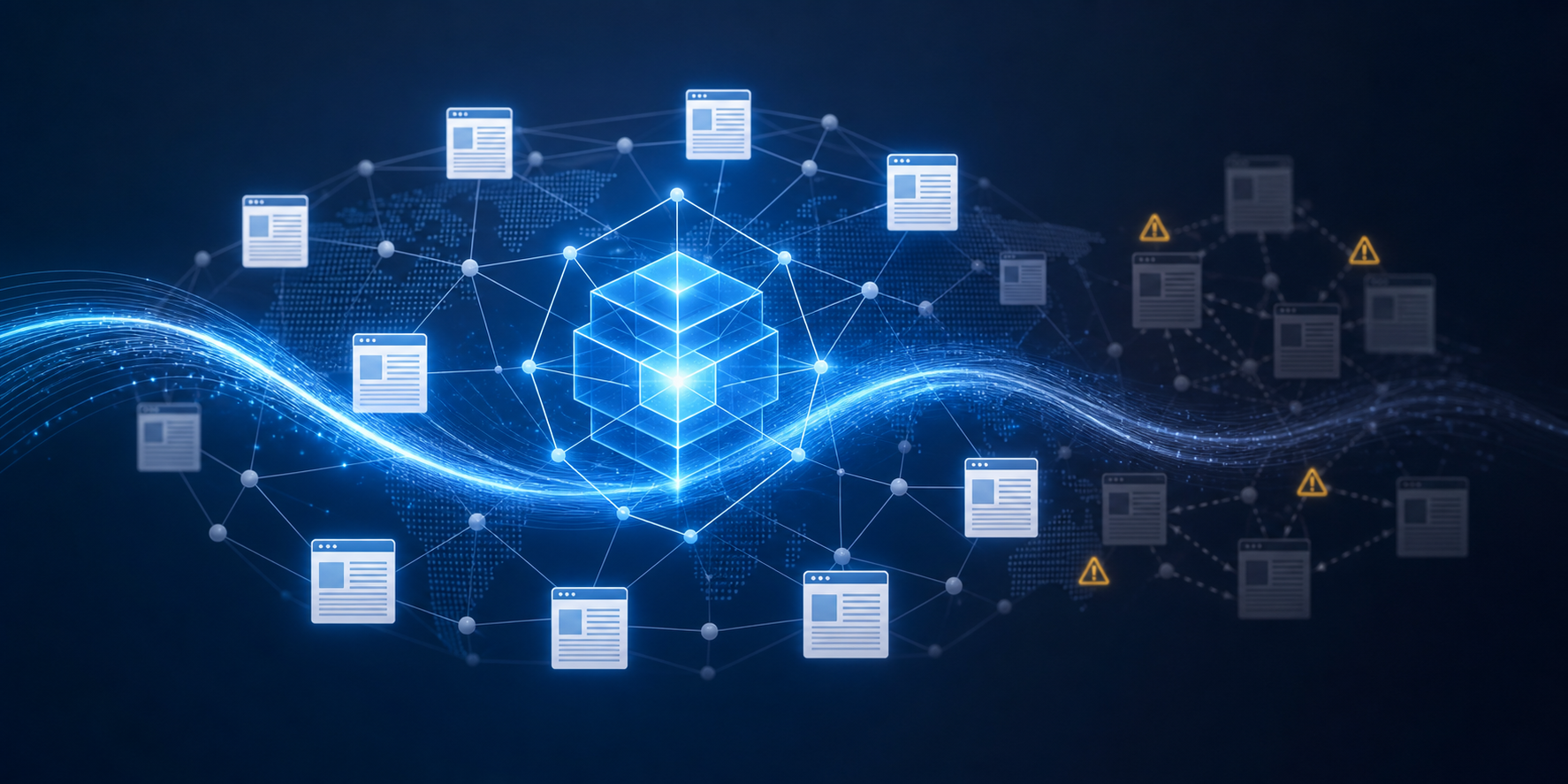 A glowing search index scans a global network of web pages and dims suspicious page and link clusters.