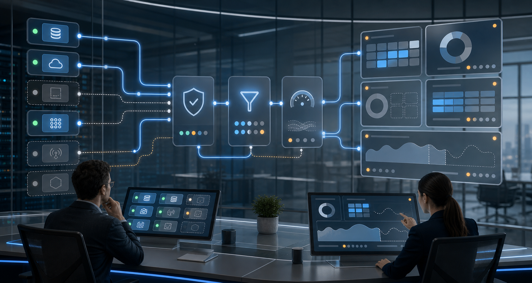 Two analysts review a reporting pipeline that routes around missing data sources and shows affected dashboard areas with caution indicators.