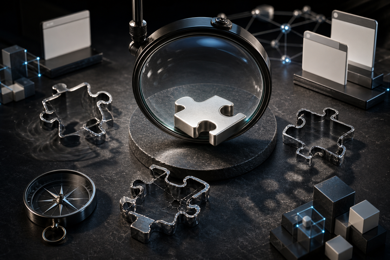 A magnifying lens examines abstract digital puzzle pieces on a worktable, revealing one solid piece among several hollow or cracked pieces.