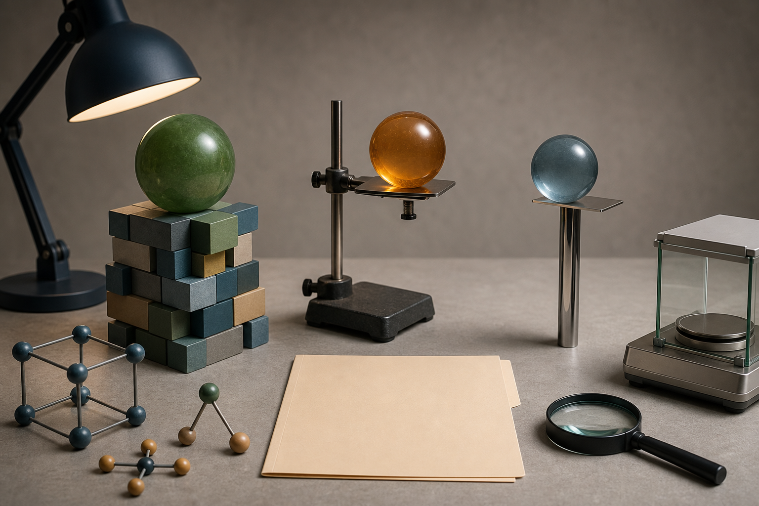 Three abstract claim objects rest on supports of different stability beside a magnifying glass and precision balance on a laboratory workbench.