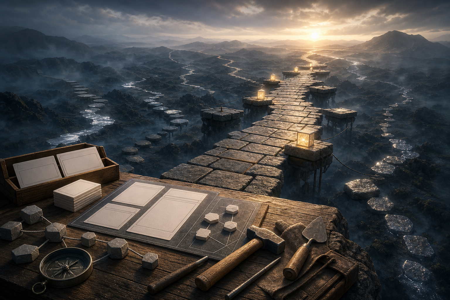 A sturdy stone path with experimental side platforms crosses a misty landscape from an organized digital workbench toward a clear horizon.