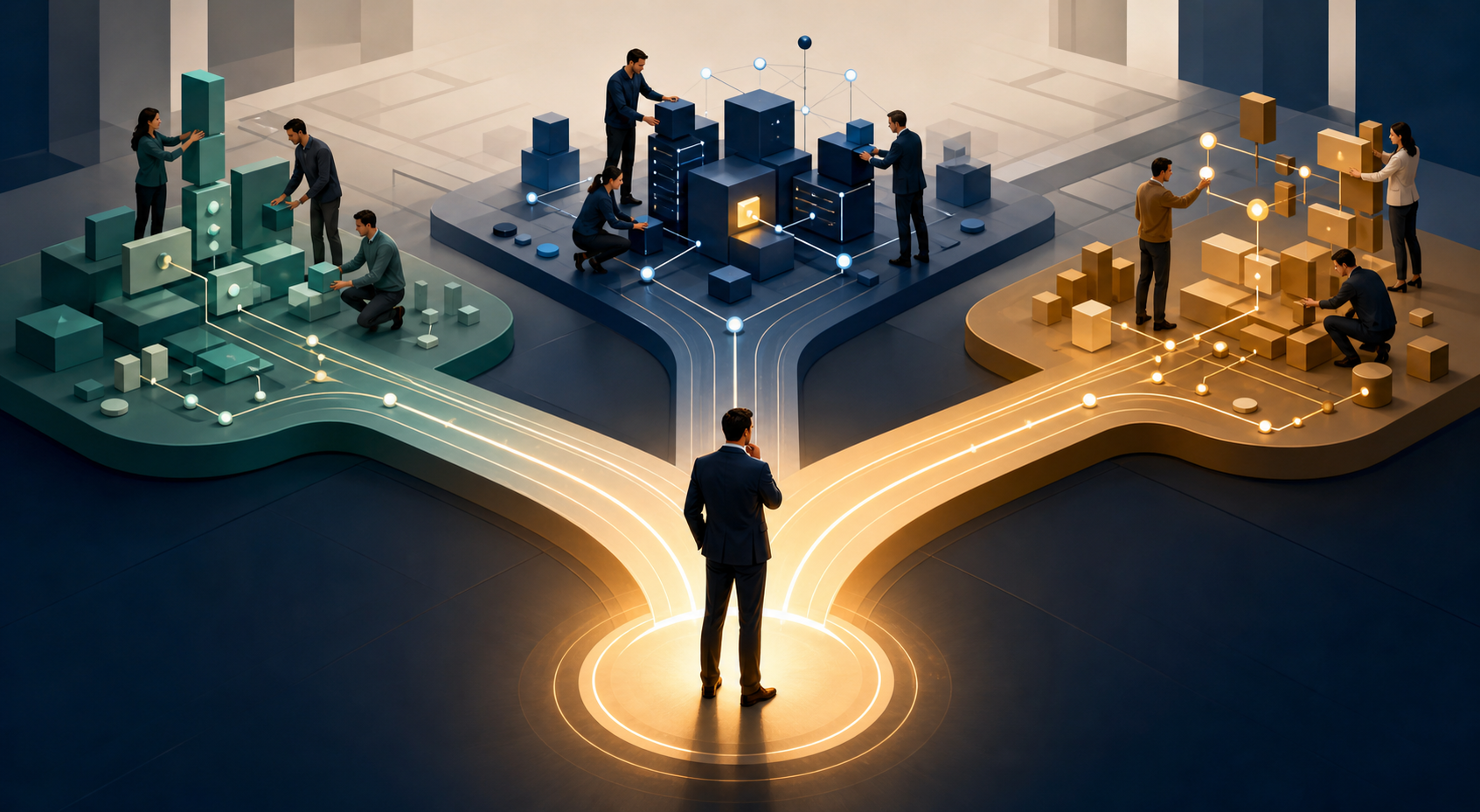A buyer at an illuminated decision point with connected paths leading back through content, technical, and measurement work zones.