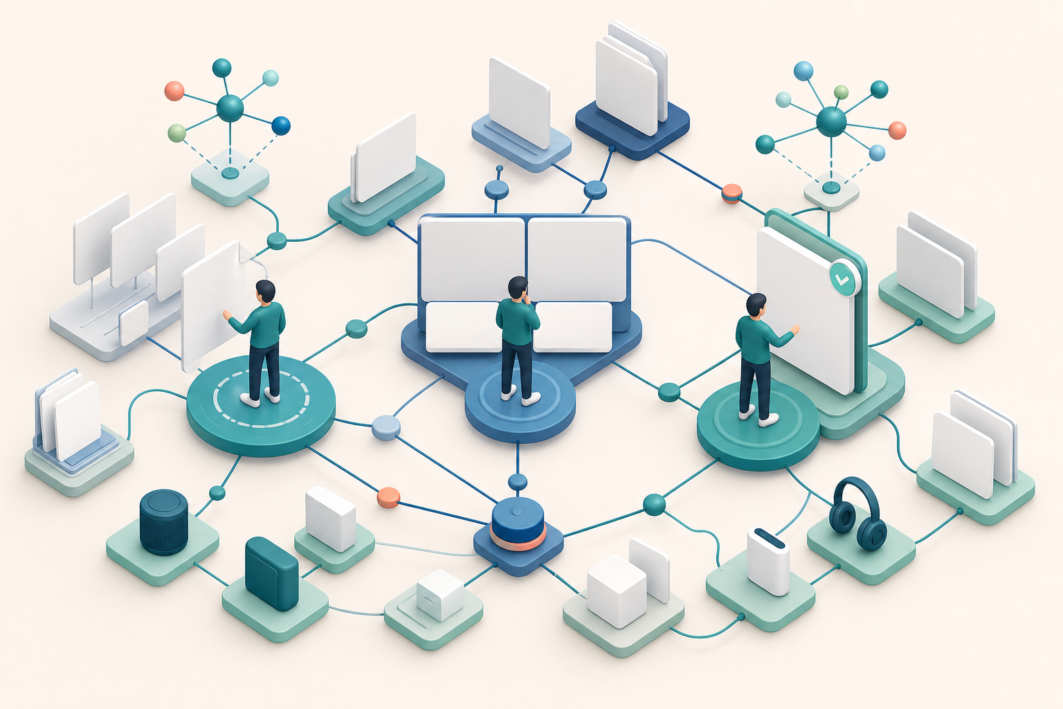 An isometric customer journey connected to blank answer cards, source documents, product objects, and technical nodes.