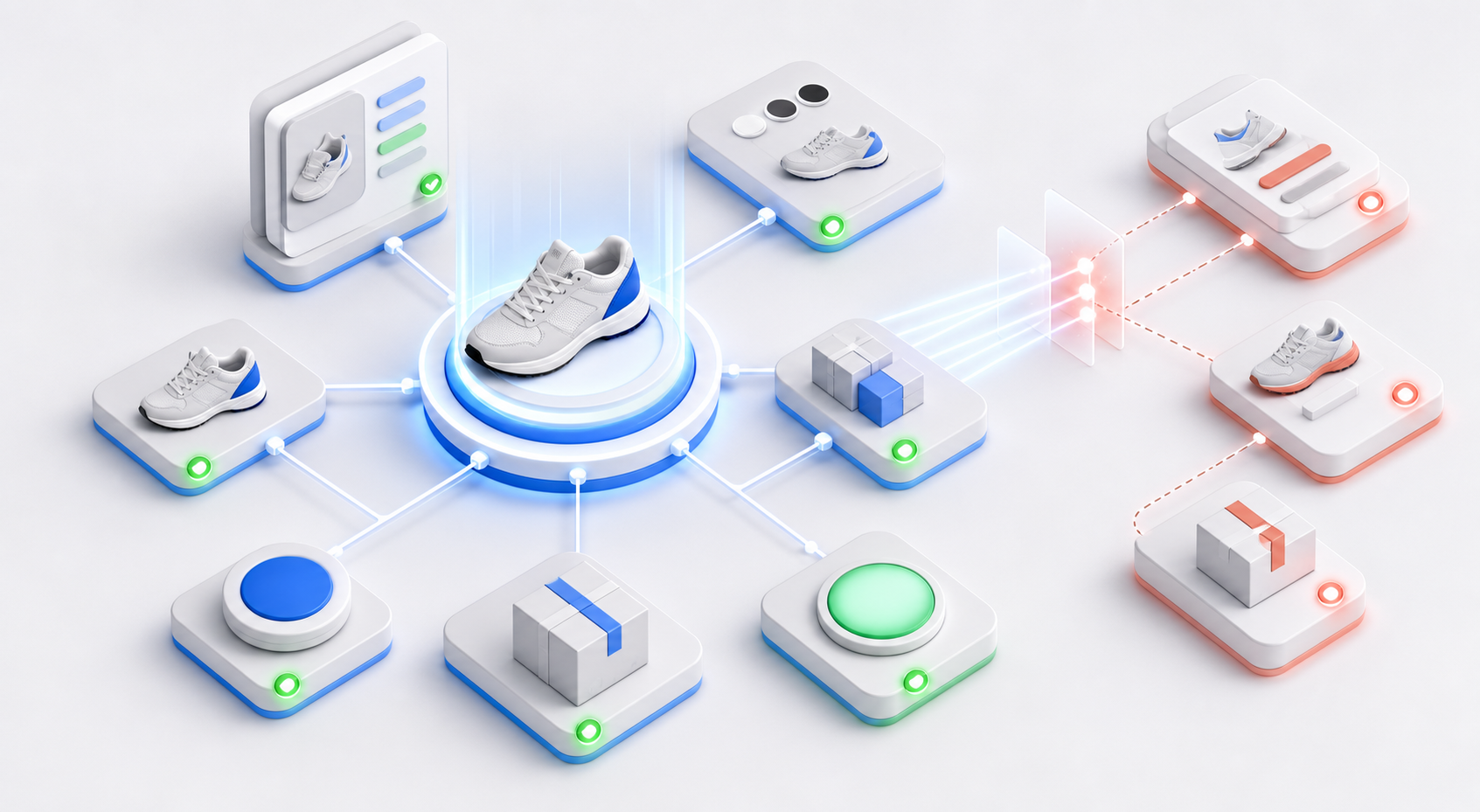 A product is surrounded by synchronized catalog, inventory, price, variant, shipping, and availability objects while mismatched duplicates are corrected.