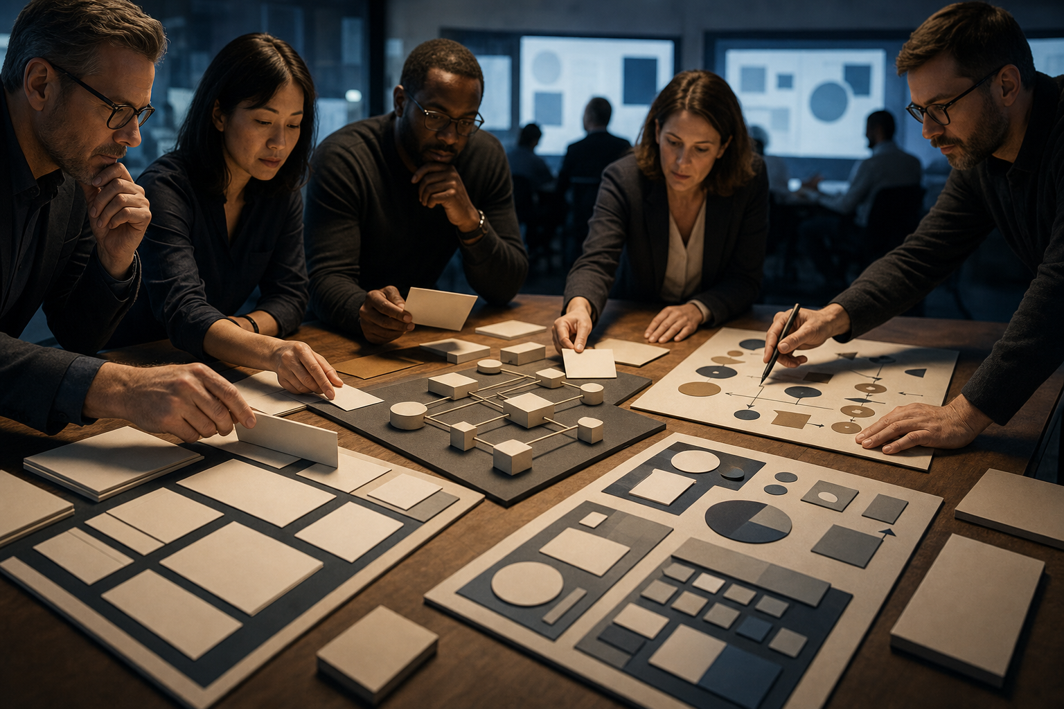 A client team examines blank content mockups, a technical model, and an abstract dashboard while presentation screens remain in the background.