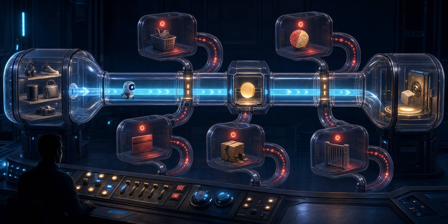 An abstract shopping agent travels through a guarded test corridor while unavailable inventory, price changes, payment failure, delivery problems, and permission blocks are contained on side paths.
