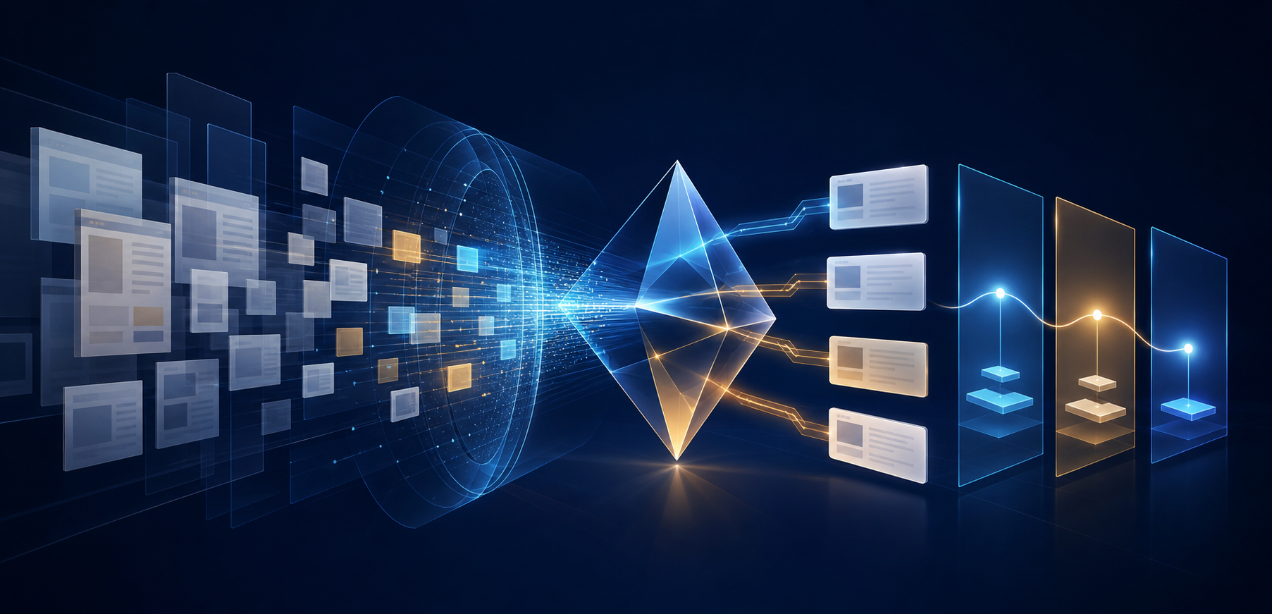 Abstract layered pathway connecting web content, an AI prism, source cards and stages of a customer journey.