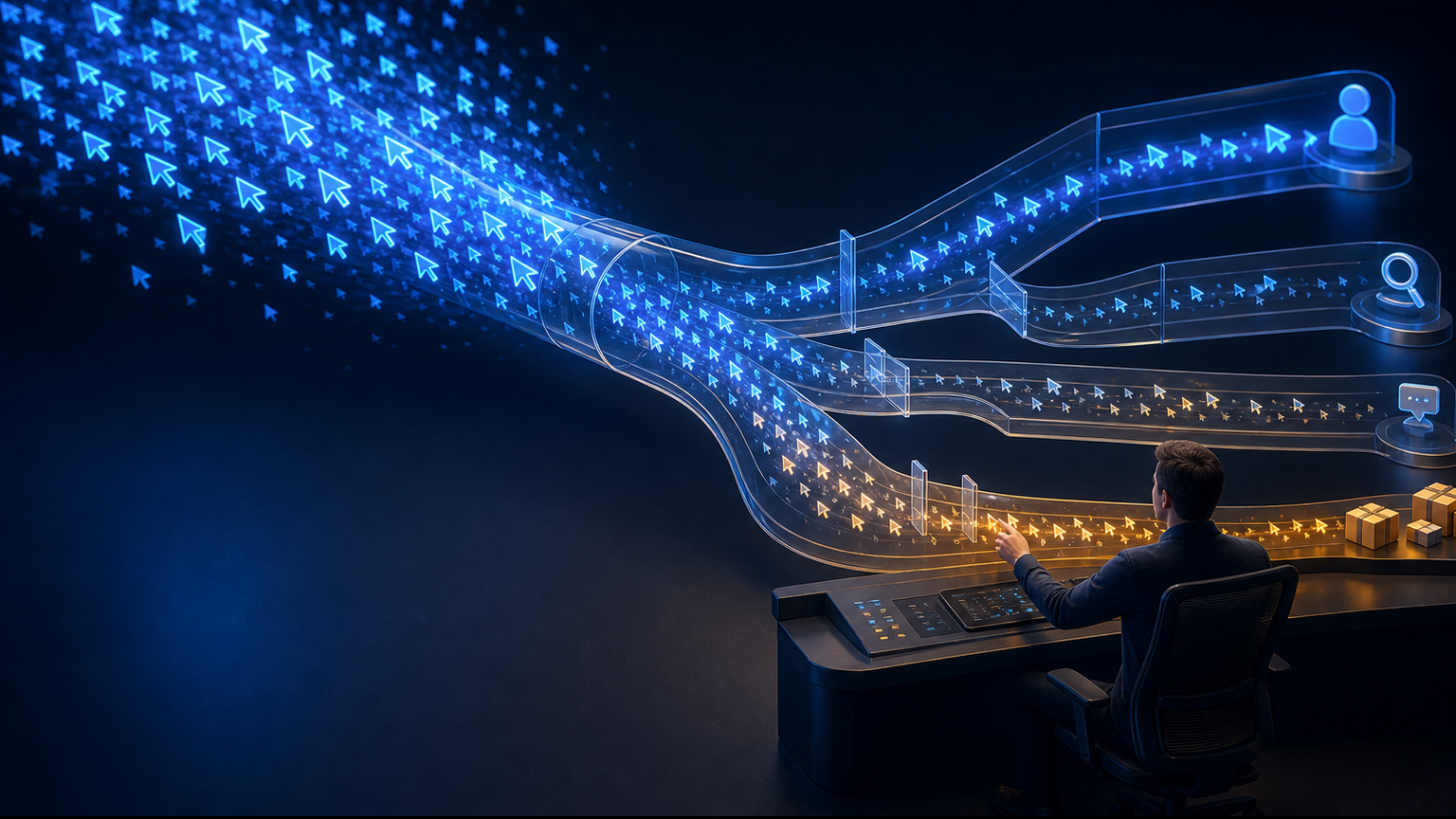 A marketer at a control desk routes a wave of glowing cursor-shaped particles through separate transparent channels.