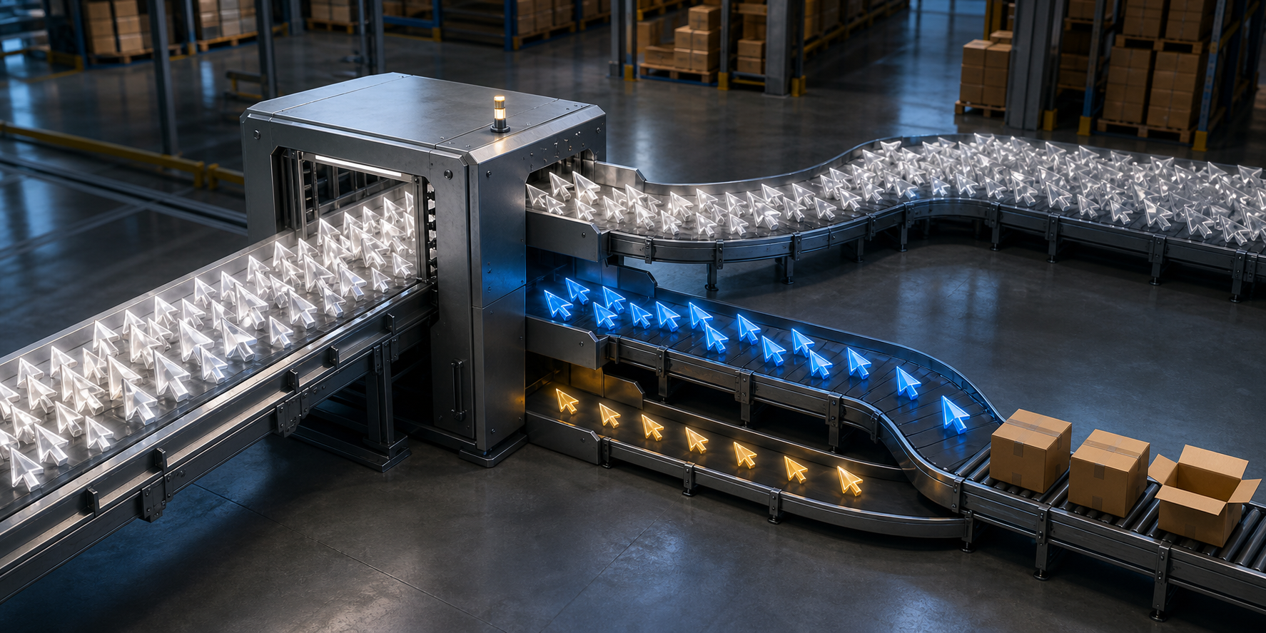 A warehouse conveyor carries many glowing cursor-shaped objects through a gate that sorts them into three separate paths.