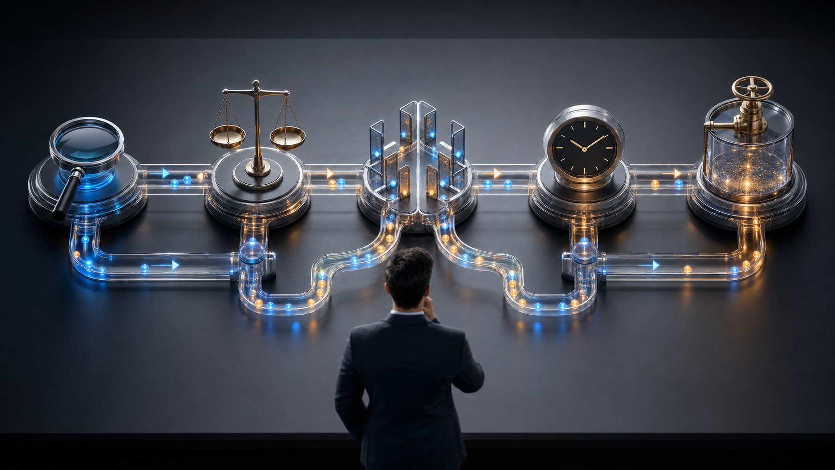A strategist examines a tabletop network connecting a magnifying lens, scales, branching gates, a clock, and a controlled budget reservoir.