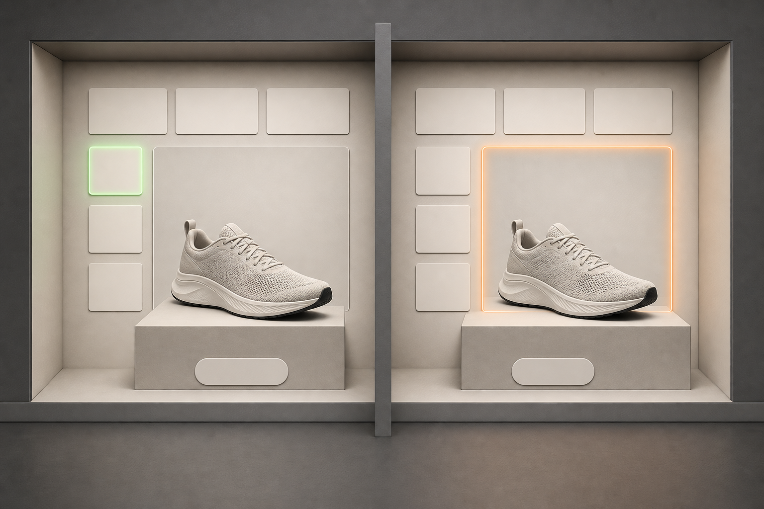 Matching unbranded shoes sit in separated test bays where label and product-image variables are isolated from other conditions.
