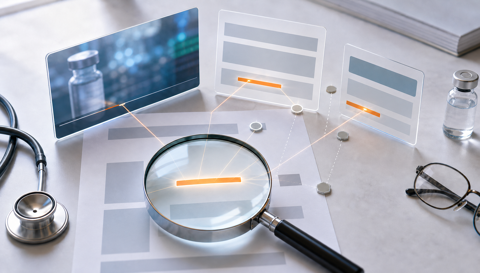 A magnifying glass examines an abstract claim across layered video, research paper, and AI response materials on a clinical review desk.