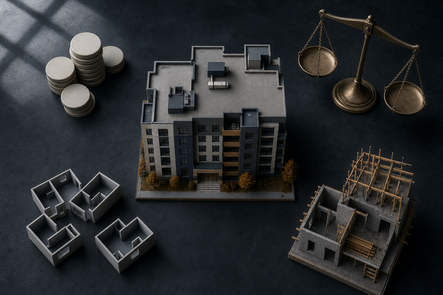 An apartment building model sits on a table beside blank tokens, an unmarked balance scale, empty unit pieces, and an unfinished construction section.