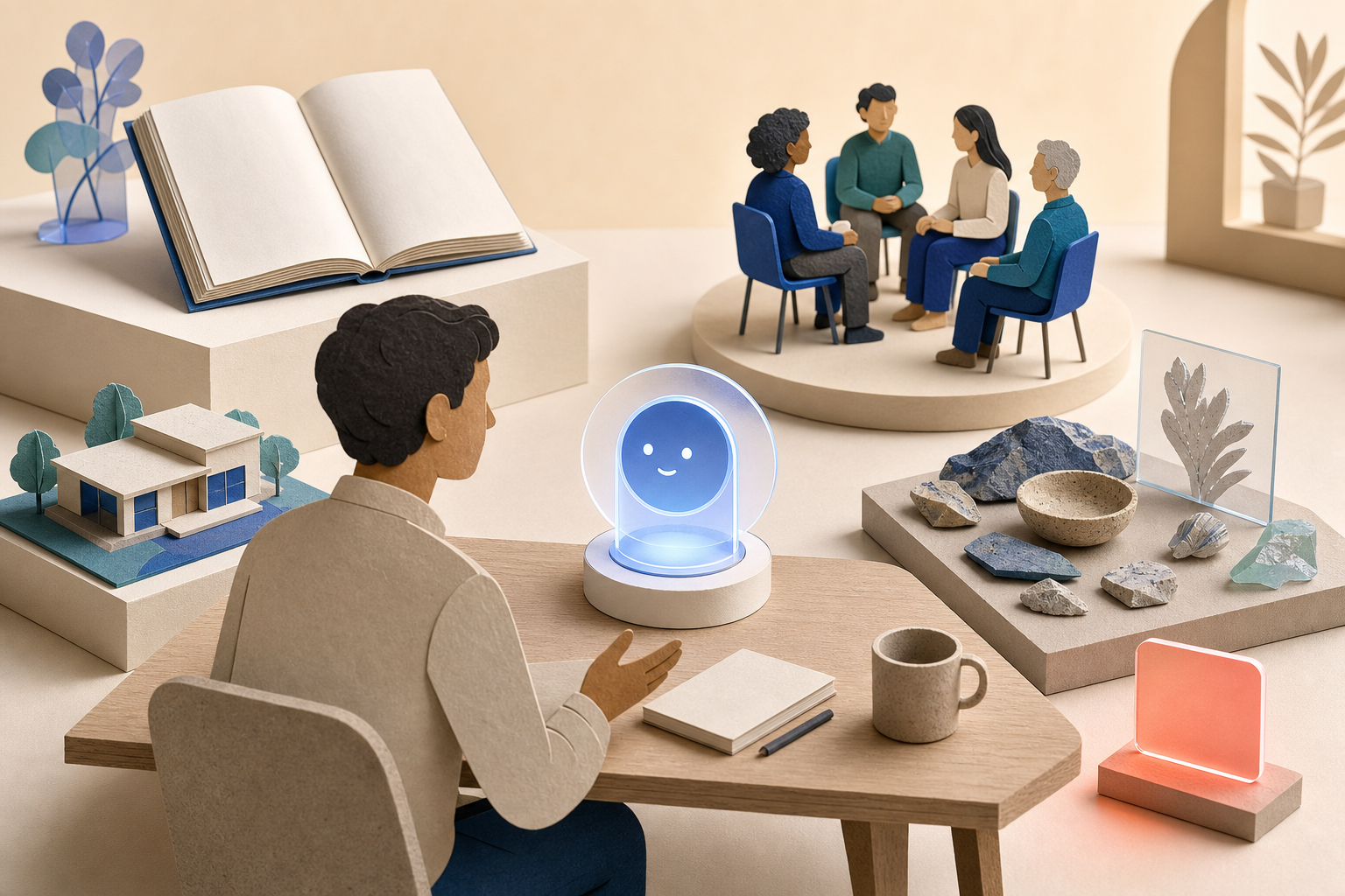 A person consults a glowing AI-style assistant surrounded by reference materials and community input, with a separate unbranded promotional tile nearby.