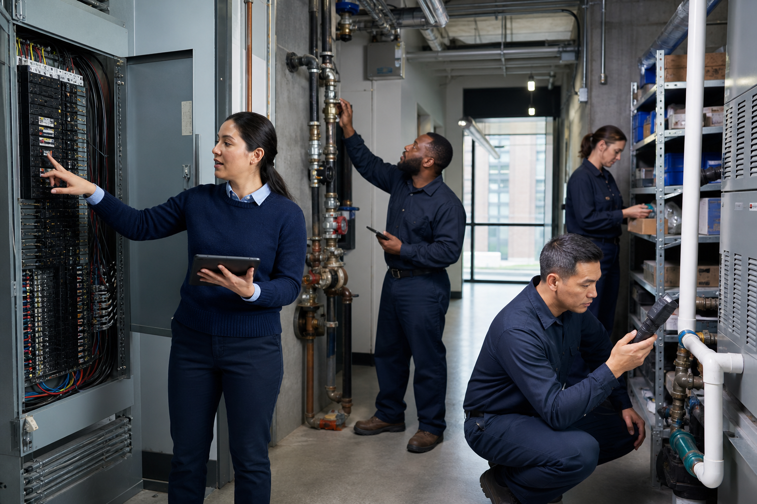 A property operations team inspects utility equipment and organized maintenance supplies inside an apartment building service area.