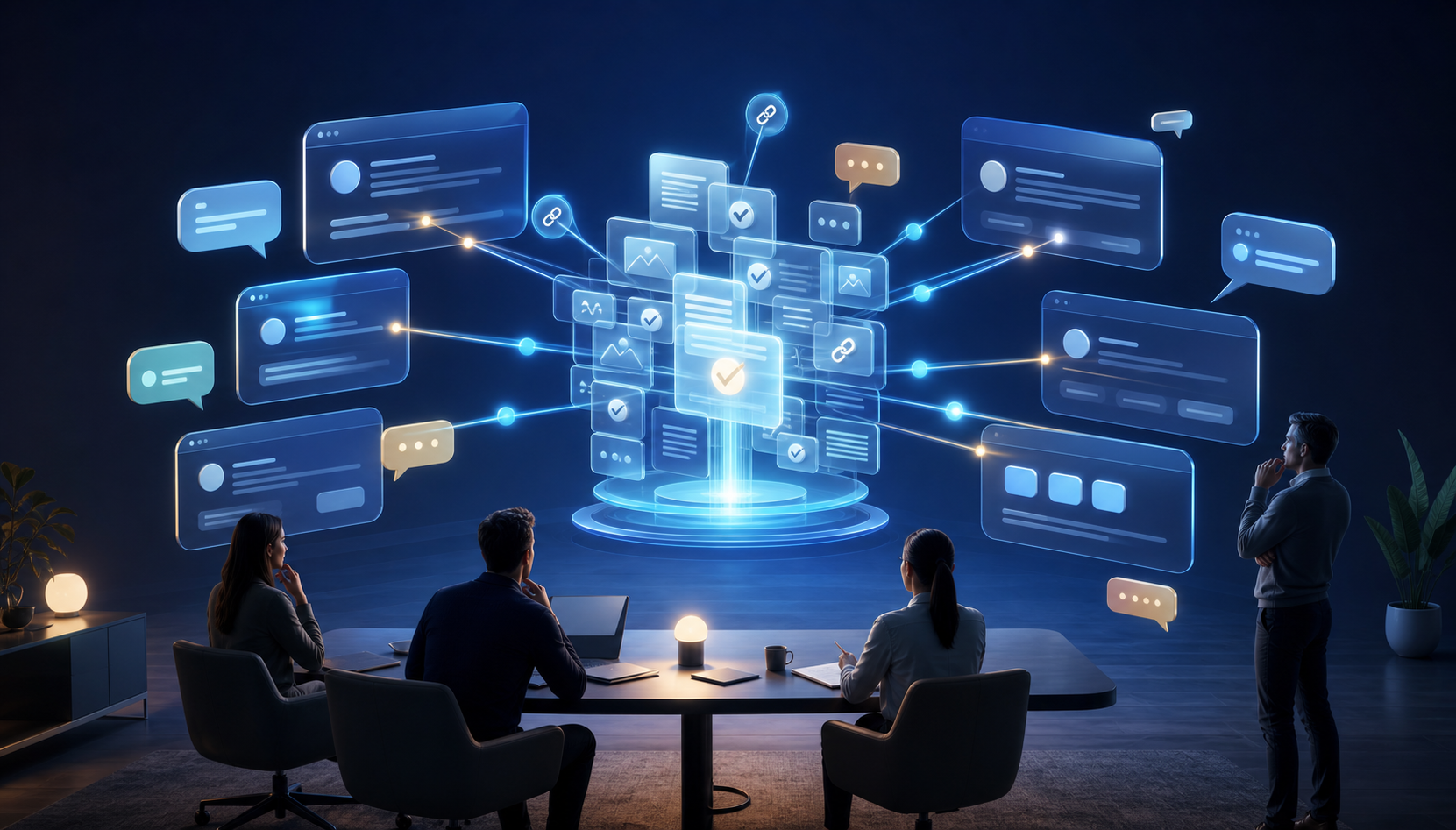 A strategy team observes a central knowledge hub distributing verified information to several abstract conversational search interfaces.