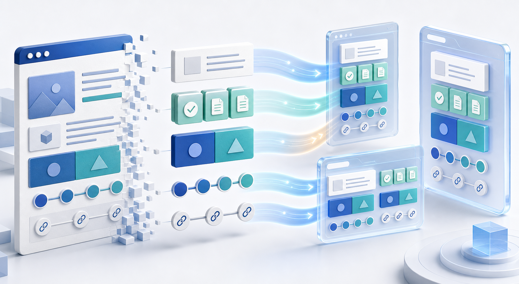 A generic web page separates into modular answer, evidence, comparison, process, and source components that flow into abstract AI response windows.