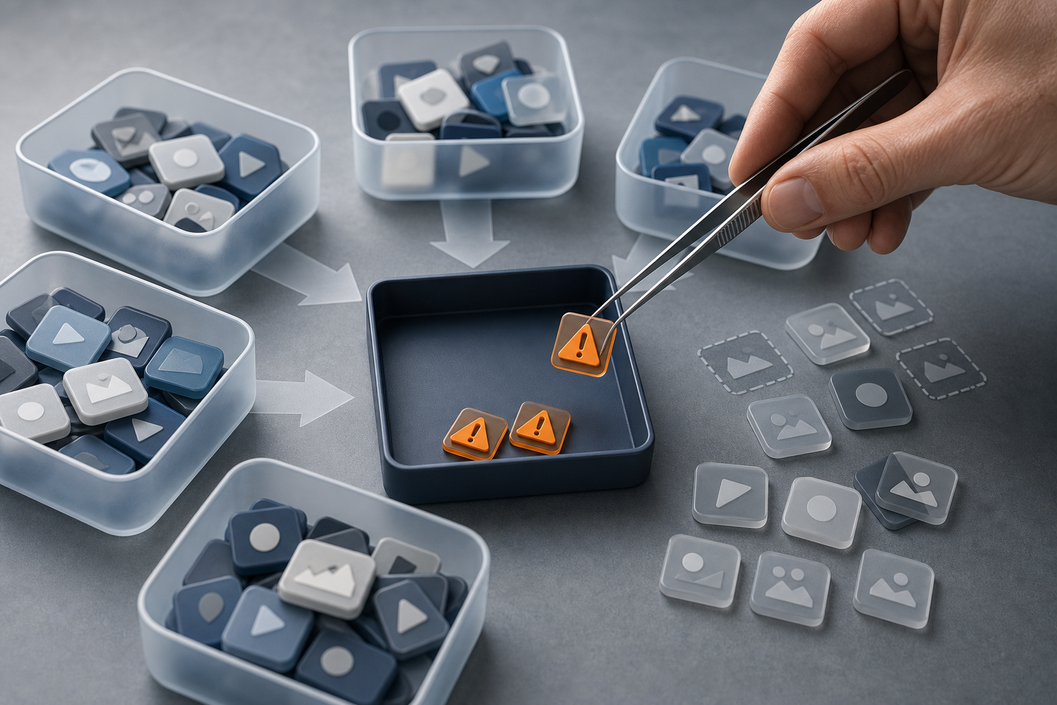 A hand selects a few abstract media tiles from several collections and places them into one consolidated tray.