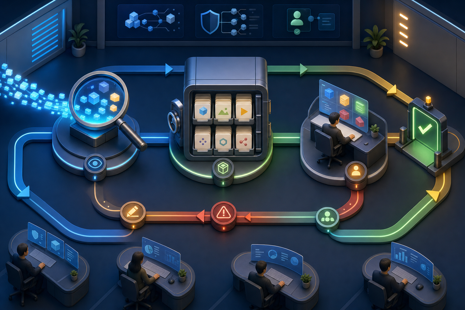 An isometric control room connects AI answer monitoring, source evidence review, escalation, approval, and follow-up in a closed workflow.